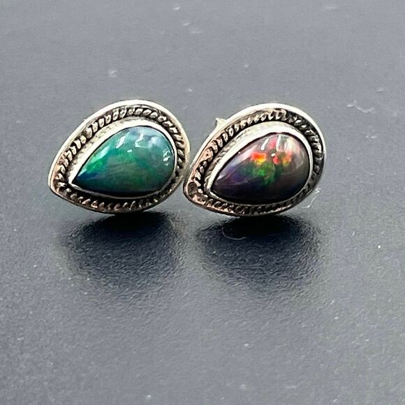 Vintage Sterling Silver Natural Dark Opal Stud Earrings Rope Border 13mm Pair - Picture 1 of 12
